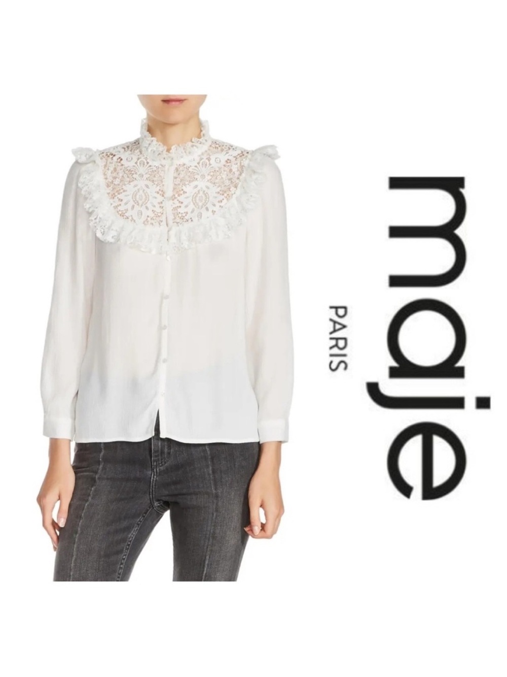 Maje White Lace Yoke Ruffle Button-Down Blouse